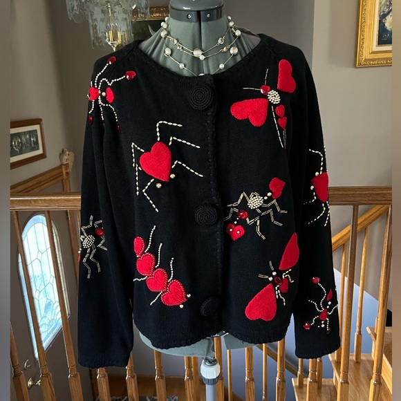 Michael Simon L XL heart Bugs Ant butterfly spider sweater cardigan - Picture 1 of 8